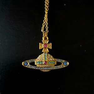 Gold Saturn Orb Necklace W/Multicolor Jewels